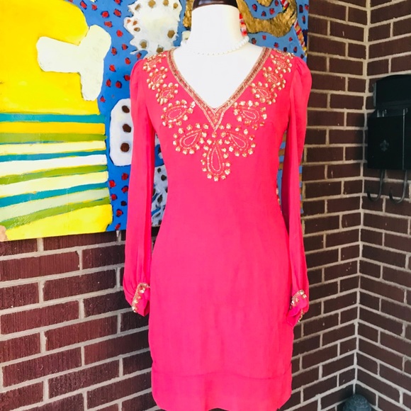 French Connection Sequined Coral Silk Shift Dress - Picture 1 of 8